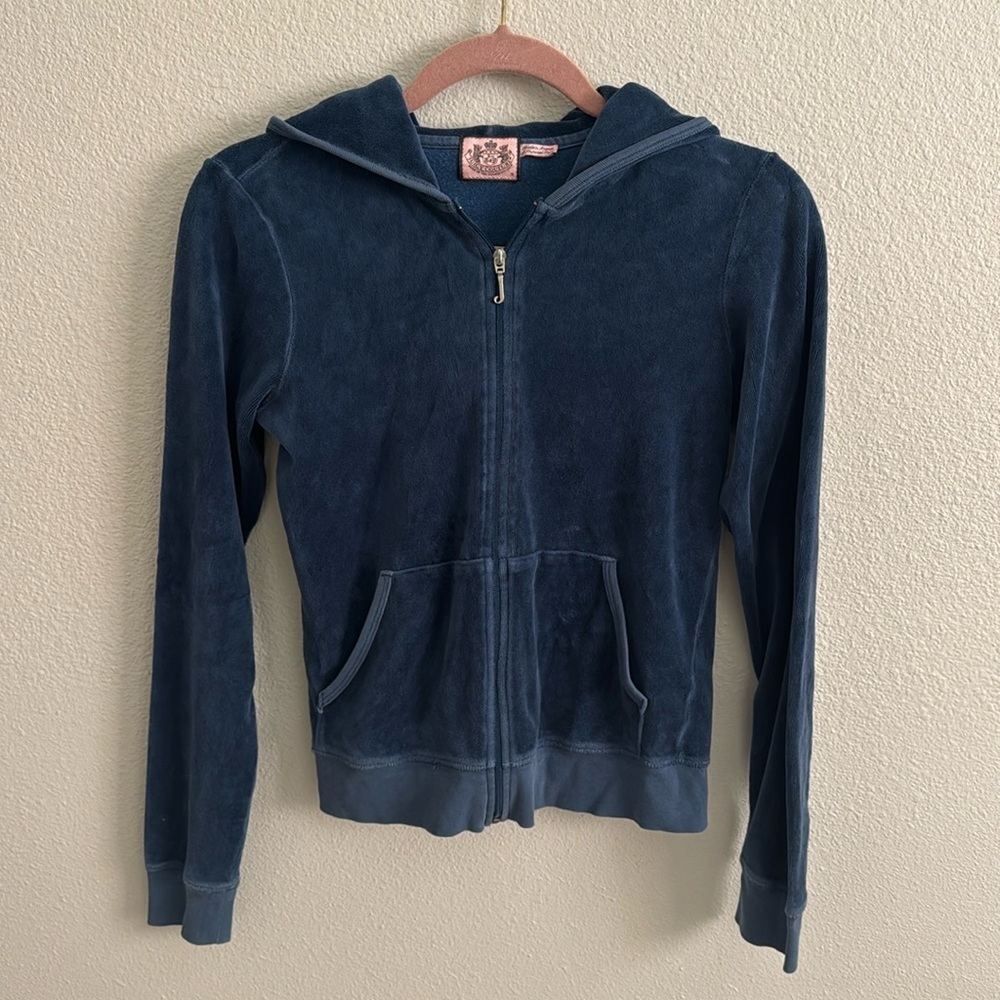 Juicy Couture Vintage Y2K Track Jacket Blue Terry Cloth Full Zip Hooded Velour